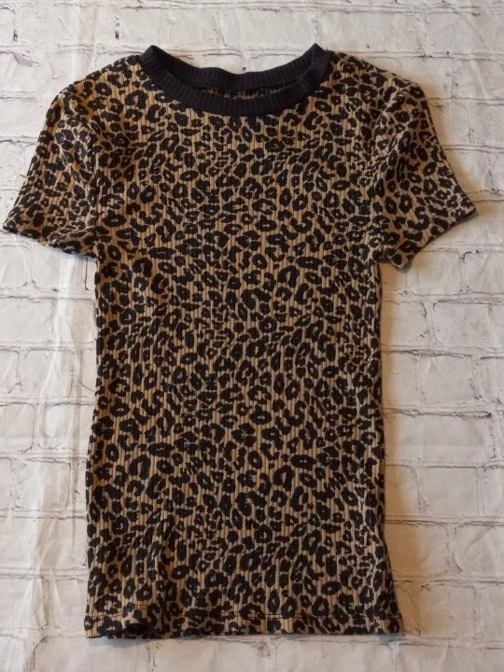 No Boundaries Leopard Ribbed Short Sleeve Top in Black & Tan